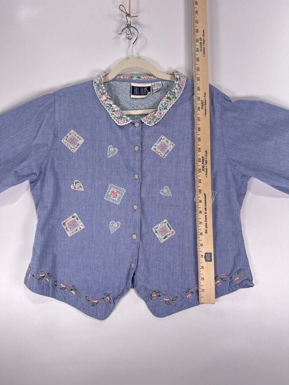 Bill Blass 90s Cottagecore Floral Lace Collar Chambray Blouse Blue Size L - Picture 13 of 13